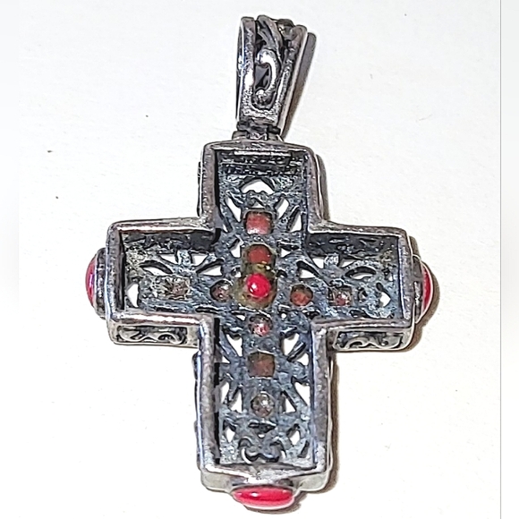 925 RED CORAL CROSS PENDANT - STERLING SILVER ORNATE FILIGREE - Picture 3 of 6